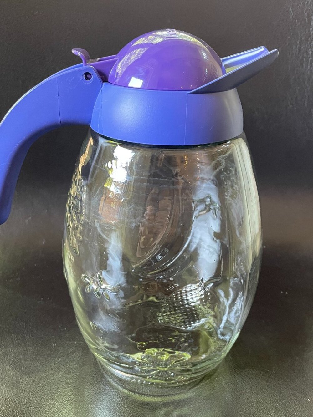 Herevin Glass Pitcher Jug Purple Lid Embossed Fruit